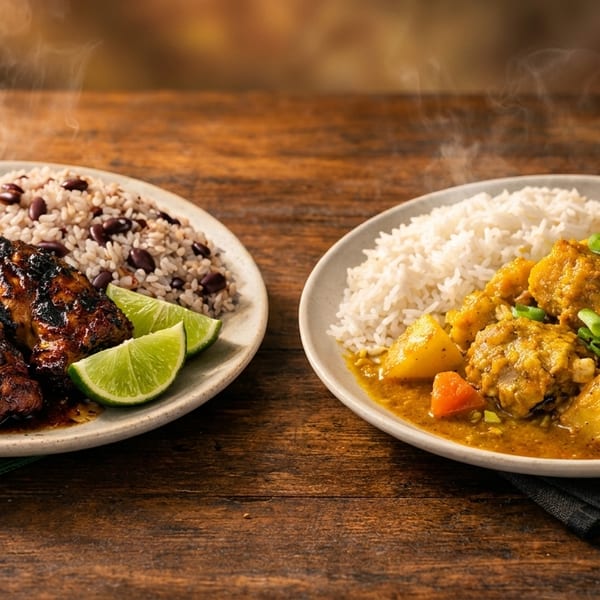 Steaming plates of jerk chicken with rice and peas, and chicken curry with white rice.