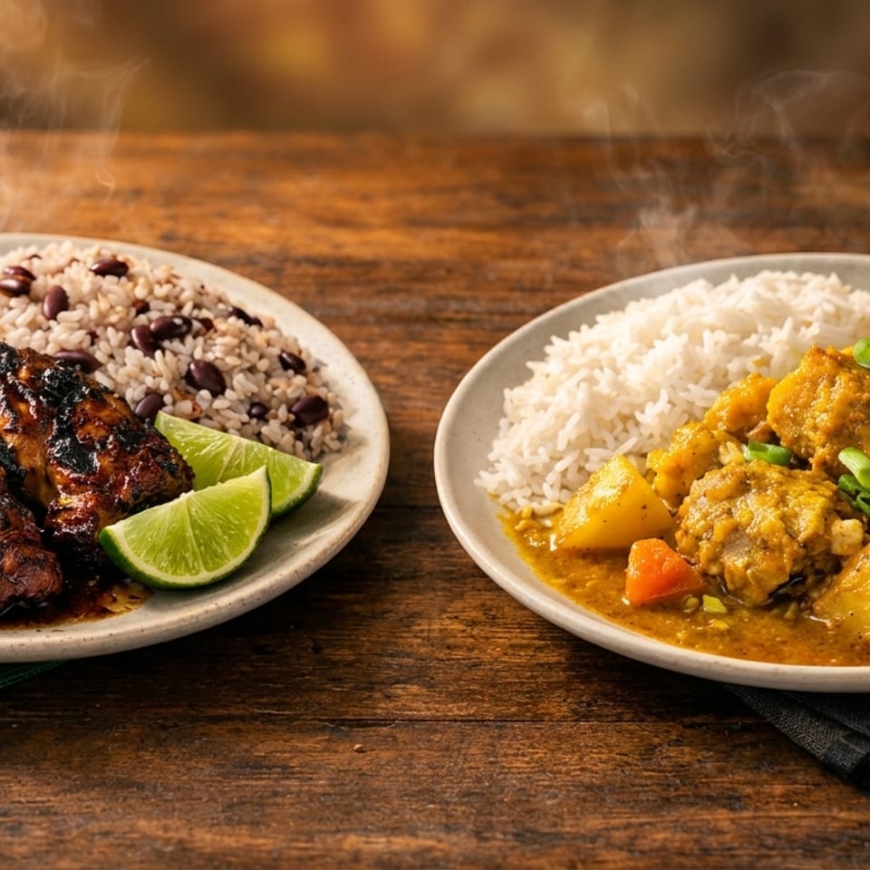 Steaming plates of jerk chicken with rice and peas, and chicken curry with white rice.