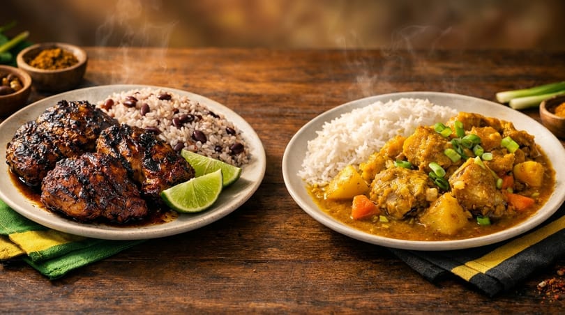 Steaming plates of jerk chicken with rice and peas, and chicken curry with white rice.