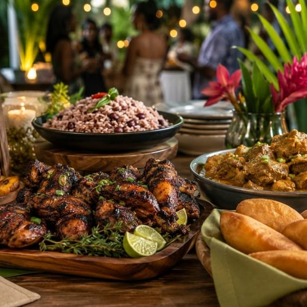 A catering spread of Jamaican food, including jerk chicken, rice and peas, curry, and plantains.