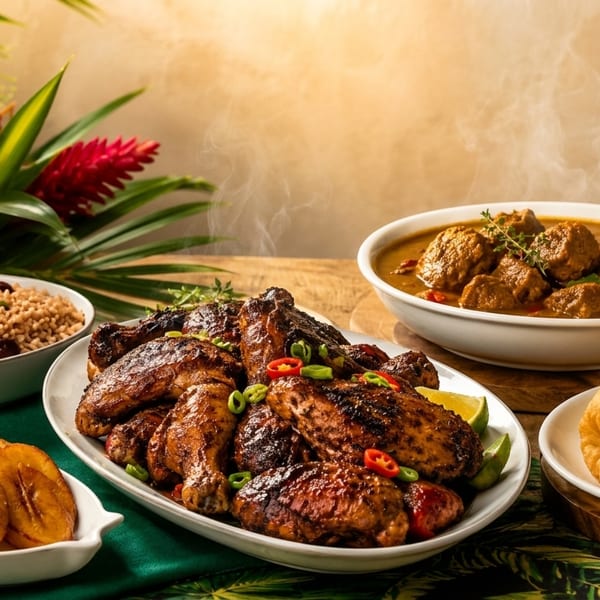 A vibrant spread of Jamaican dishes including jerk chicken, rice and peas, stew, fried plantains, and dumplings.