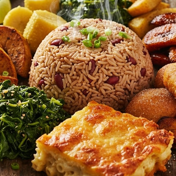 A vibrant Jamaican meal with rice and peas, plantains, callaloo, macaroni pie, and fried dumplings.