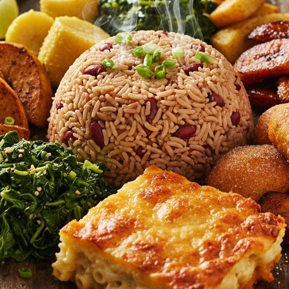 A vibrant Jamaican meal with rice and peas, plantains, callaloo, macaroni pie, and fried dumplings.
