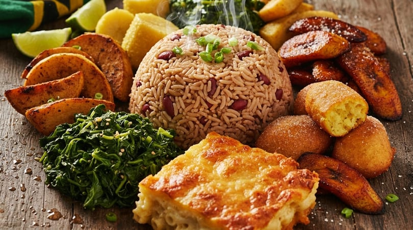 A vibrant Jamaican meal with rice and peas, plantains, callaloo, macaroni pie, and fried dumplings.