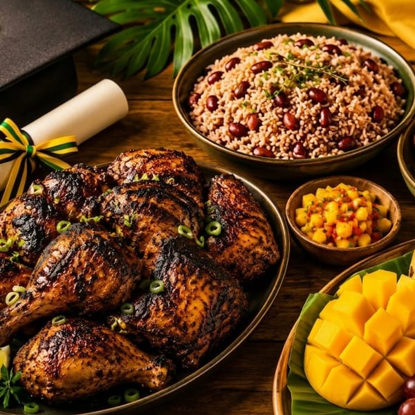 A Jamaican graduation celebration with jerk chicken, rice and peas, plantains, fruit, and a diploma.