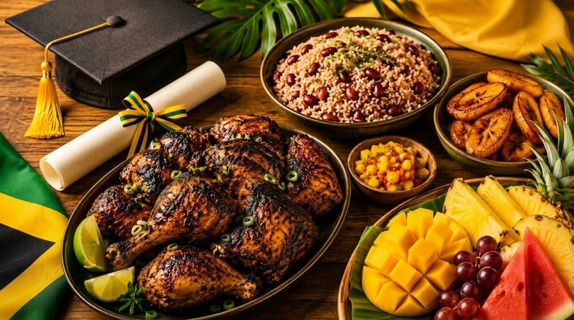 A Jamaican graduation celebration with jerk chicken, rice and peas, plantains, fruit, and a diploma.